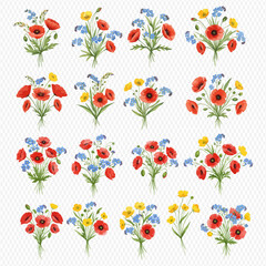 A collection of sixteen watercolor bouquets with red poppies, blue forget-me-nots, and yellow wildflowers arranged in a grid.