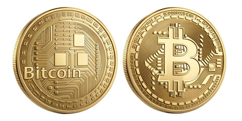 Realistic Shiny Gold Bitcoin Coins with Circuit Patterns on Transparent Background
High-Resolution Digital Illustration of Bitcoin Coins with Intricate Details and Reflections