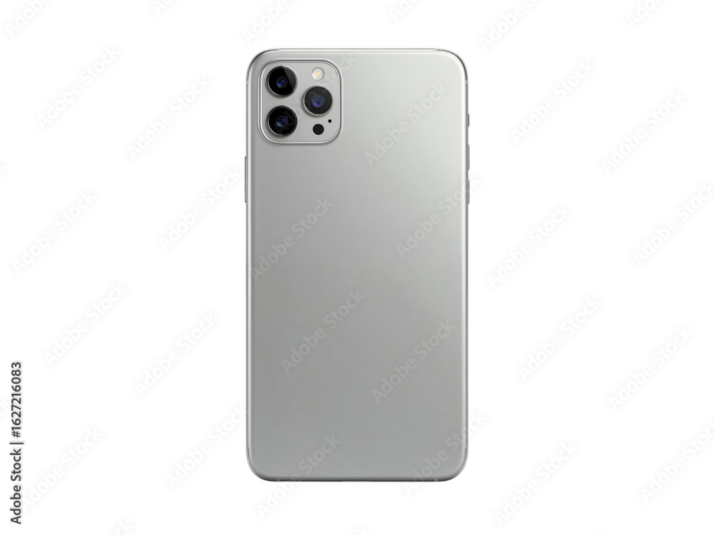 Poster modern silver smartphone with a triple camera system viewed from the back isolated on transparent ba