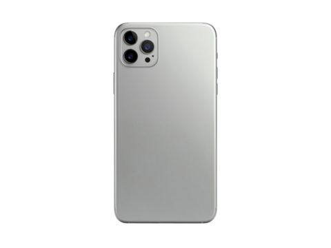 Modern silver smartphone with a triple camera system viewed from the back isolated on transparent background