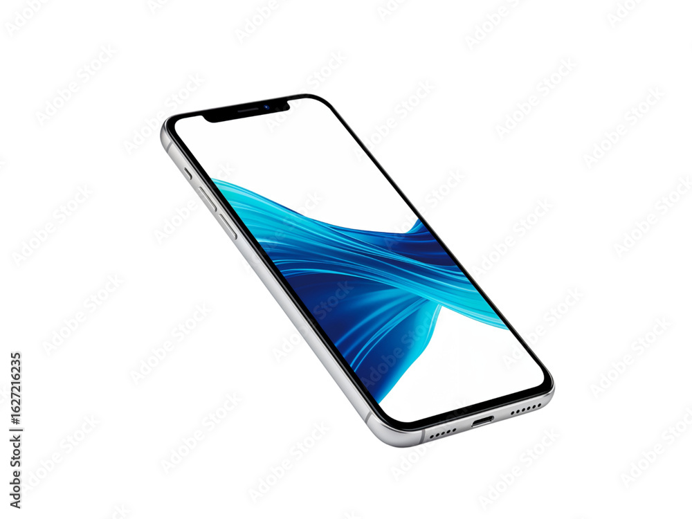 Poster modern smartphone with abstract blue and white screen display isolated on transparent background