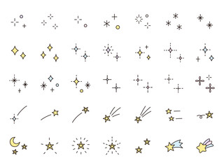 かわいいアイコンセットのベクターイラスト。星、キラキラ、輝き、流れ星、飾り