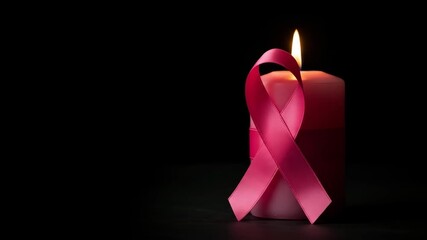 A candle with a pink ribbon lit in a dark environment symbolizing awareness and support for a cause with a focus on health and awareness for commercial and editorial use conveying hope