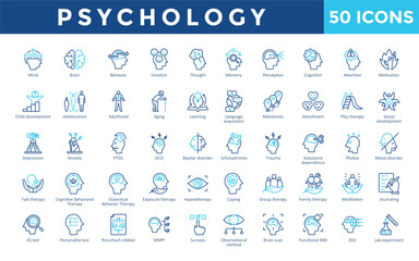 Psychology icons set with freudian theory, jungian archetypes, maslow's hierarchy, pavlov's dog, skinner box, piaget's stages, erikson's stages icon. Simple line color vector 
