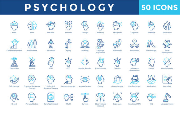Psychology icons set with freudian theory, jungian archetypes, maslow's hierarchy, pavlov's dog, skinner box, piaget's stages, erikson's stages icon. Simple line color vector 
