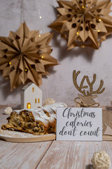 Greeting card with message CHRISTMAS CALORIES DON'T COUNT joke humor. Christmas Stollen in...