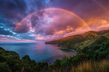Landscape with Rainbow over Coastline. Mountain range in cloudy sky. Scenery photo