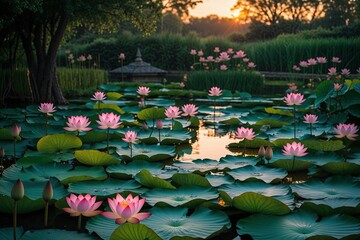 Tranquil Dawn in a Lotus Garden: Serene Water Lily and Vibrant Flora