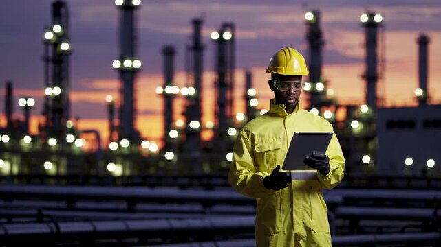 An oil and gas worker reviews data on a tablet in front of a glowing refinery at sunset. Warm light and towering structures reflect industrial strength and technology.

