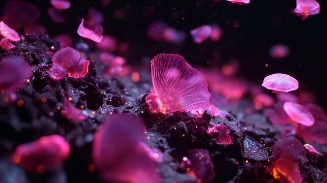 Glowing pink petals fall onto a dark, textured surface. Intricate details and soft lighting create a magical, ethereal atmosphere.  Ideal for fantasy or nature themed projects.