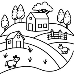 Charming black and white line drawing of a rural farm landscape with houses trees animals and a fence