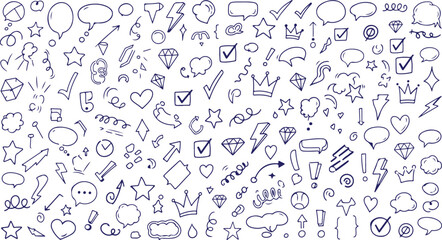 Collection of hand drawn doodle icons and symbols isolated on transparent background