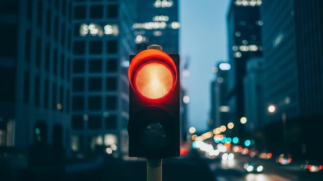 A close up view of a traffic light displaying a red signal amidst an urban environment depicting concepts of stop caution and urban transportation 