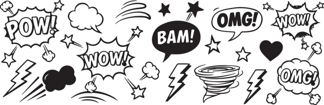 Collection of comic book style sound effects and speech bubbles isolated on transparent background