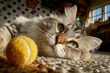 A cute cat lies on a blanket with yellow ball of wool.