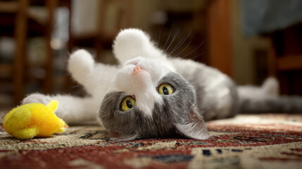 A cute cat lies on a blanket with yellow ball of wool.