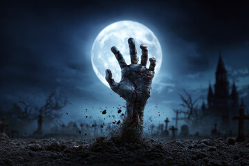 A ghoulish, decaying zombie hand bursts dramatically out of dark, disturbed earth in the foreground.