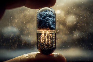 A transparent glass of very very small slim capsule is being held by fingers, inside the capsule there is a dark clouds with lighting strikes, around it there are heavy rain, the background of a room.