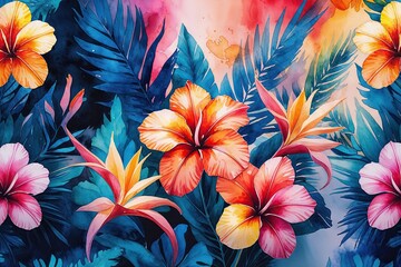 Lively Surreal Tropical Flower Watercolor Artwork for Stunning Wallpaper Design