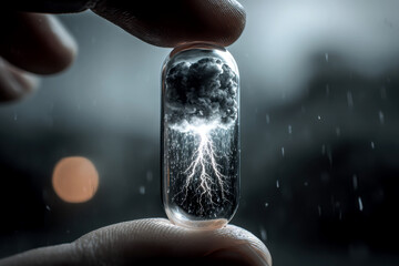 A transparent glass of very very small slim capsule is being held by fingers, inside the capsule there is a dark clouds with lighting strikes, around it there are heavy rain, the background of a room.