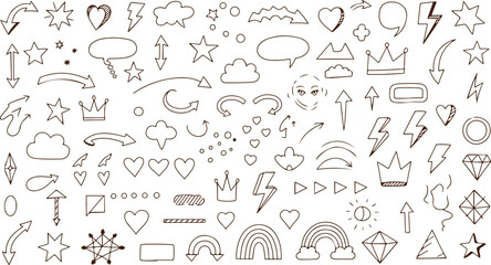 Collection of hand drawn doodle icons and symbols isolated on transparent background