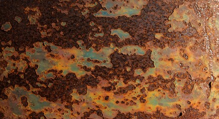 Abstract grunge texture of a weathered metal surface with layers of orange rust and peeling turquoise patina.