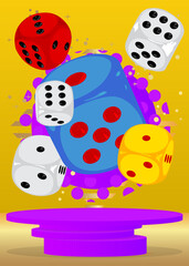 Mockup product display with dice. Vector cylinder pedestal podium. Stage showcase for presentation. Minimal geometric forms.