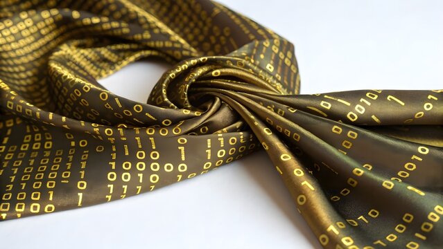 Silk hair wrap reflecting neon digital code in gold metallic glow