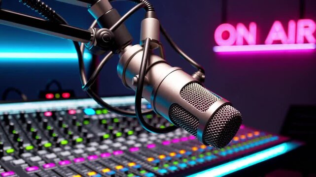 A vibrant radio studio glows with neon as a condenser mic stands ready beneath an &lsquo;ON AIR&rsquo; sign. Mood lighting and sound gear capture the energy of live broadcast.