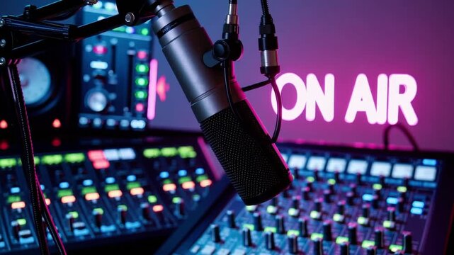 A vibrant radio studio glows with neon as a condenser mic stands ready beneath an &lsquo;ON AIR&rsquo; sign. Mood lighting and sound gear capture the energy of live broadcast.