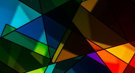 Vibrant geometric background with an abstract stained glass pattern. A colorful mosaic of triangular and polygonal shapes.