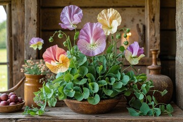 Warm Rustic Sweet Pea Artwork for Earthy Home Decor and Inviting Aesthetic