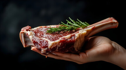 Skilled butcher gripping fresh lamb leg and sharp cleaver against dark backdrop, showcasing traditional meat preparation and professional culinary craftsmanship