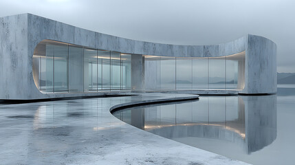 3d render of abstract futuristic glass architecture with empty concrete floor. , isolated on white background, , copy space for text,