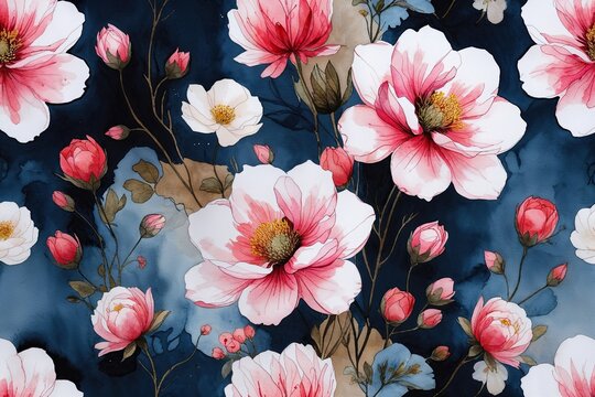 Elegant Ink Flower Fabric Overlay for Serene Home Textile Art