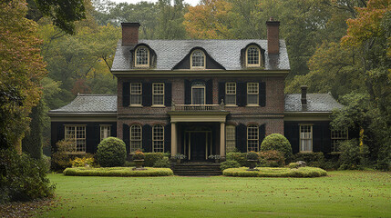 Colonial house with brick facade and black shutters surrounded by lush green trees and manicured garden, evoking peaceful and classic American traditional style atmosphere