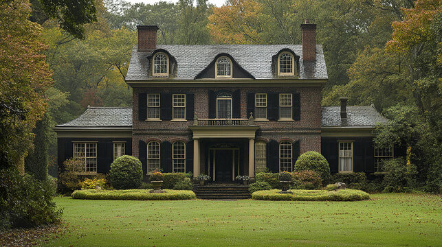 Colonial house with brick facade and black shutters surrounded by lush green trees and manicured garden, evoking peaceful and classic American traditional style atmosphere