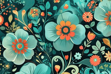 Vibrant Curvy Abstract Floral Art Inspired by Retro 60s and 70s Designs in Calming Teal Tones