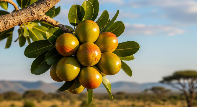 Lush cluster of fresh shea fruits ripening on a tree in the African savanna
