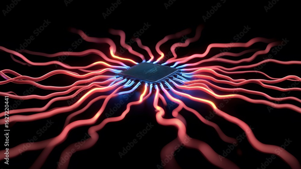 Aufkleber the image displays a central microchip with a dark, grid-like pattern, surrounded by numerous glowin