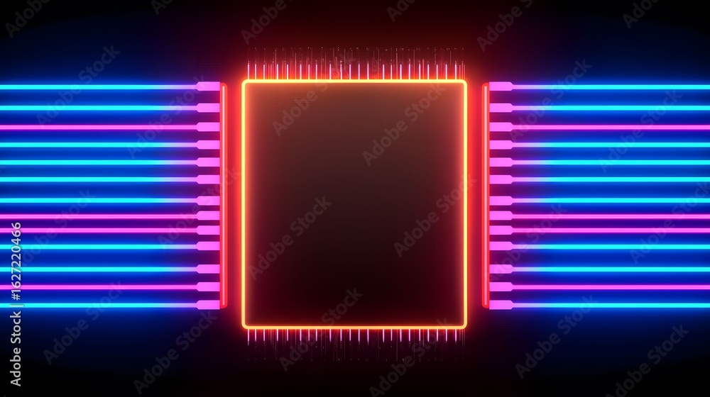 Aufkleber the image showcases a glowing, outlined microprocessor unit with radiating blue and pink lines, all 
