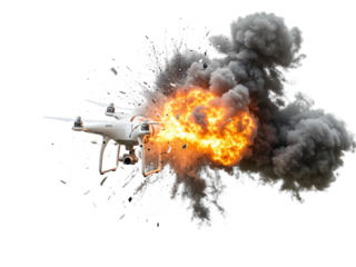 White drone exploding with intense fire and dark smoke isolated on transparent background