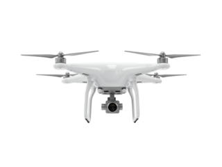 Modern white quadcopter drone with camera gimbal and propellers isolated on transparent background