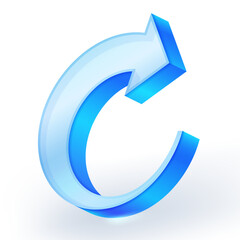 3D icon of blue glass arrow forming a clockwise circle, representing refresh, reload, repeat or cycle. Isolated on a white background for clean integration in digital designs. Vector illustration.