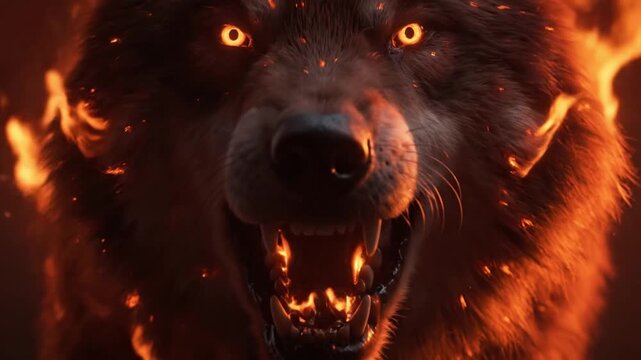 Extreme close up fire wolf face with flames flickering across fur