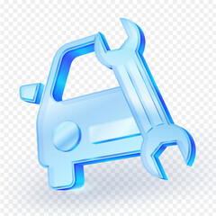 3d glass blue car icon with a wrench, symbolizing auto repair, service, and vehicle maintenance. Isolated on a transparent background. Vector illustration.