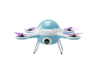 Futuristic blue and white quadcopter drone with purple propellers and camera isolated on transparent background