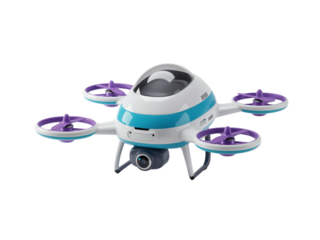 Futuristic white and blue quadcopter drone with camera and transparent bubble canopy isolated on transparent background