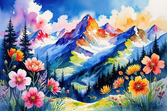 Vibrant Mountain Landscape Art with Colorful Watercolor Flowers for Home Decor