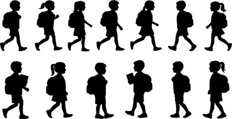 School children silhouettes collection. Diverse kids with backpacks walking to school. Back to school concept for educational projects, websites, and classroom materials.